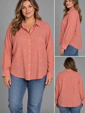 For Cynthia Coral‎ 100% Linen Button-Down Blouse 3X Resort Wear